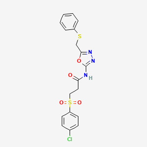 molecular formula C18H16ClN3O4S2 B2785511 3-((4-chlorophenyl)sulfonyl)-N-(5-((phenylthio)methyl)-1,3,4-oxadiazol-2-yl)propanamide CAS No. 923479-82-7