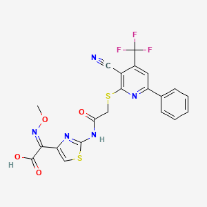 molecular formula C21H14F3N5O4S2 B2785528 2-{2-[(2-{[3-Cyano-6-phenyl-4-(trifluoromethyl)-2-pyridinyl]sulfanyl}acetyl)amino]-1,3-thiazol-4-yl}-2-(methoxyimino)acetic acid CAS No. 625373-44-6