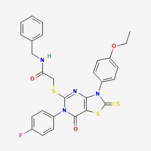 molecular formula C28H23FN4O3S3 B2785626 N-benzyl-2-[[3-(4-ethoxyphenyl)-6-(4-fluorophenyl)-7-oxo-2-sulfanylidene-[1,3]thiazolo[4,5-d]pyrimidin-5-yl]sulfanyl]acetamide CAS No. 422299-88-5