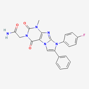 molecular formula C22H17FN6O3 B2785802 2-(8-(4-fluorophenyl)-1-methyl-2,4-dioxo-7-phenyl-1H-imidazo[2,1-f]purin-3(2H,4H,8H)-yl)acetamide CAS No. 886897-84-3