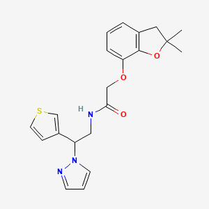 molecular formula C21H23N3O3S B2785885 N-(2-(1H-pyrazol-1-yl)-2-(thiophen-3-yl)ethyl)-2-((2,2-dimethyl-2,3-dihydrobenzofuran-7-yl)oxy)acetamide CAS No. 2034493-67-7