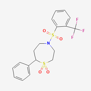 molecular formula C18H18F3NO4S2 B2785964 7-Phenyl-4-((2-(trifluoromethyl)phenyl)sulfonyl)-1,4-thiazepane 1,1-dioxide CAS No. 2034383-09-8
