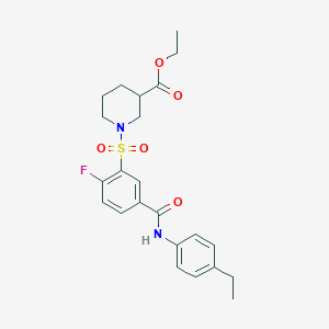 molecular formula C23H27FN2O5S B2785994 Ethyl 1-[5-[(4-ethylphenyl)carbamoyl]-2-fluorophenyl]sulfonylpiperidine-3-carboxylate CAS No. 451476-71-4