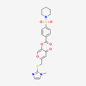 molecular formula C22H23N3O6S2 B2786011 6-(((1-methyl-1H-imidazol-2-yl)thio)methyl)-4-oxo-4H-pyran-3-yl 4-(piperidin-1-ylsulfonyl)benzoate CAS No. 896311-19-6