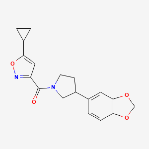 molecular formula C18H18N2O4 B2786013 (3-(Benzo[d][1,3]dioxol-5-yl)pyrrolidin-1-yl)(5-cyclopropylisoxazol-3-yl)methanone CAS No. 2034341-30-3
