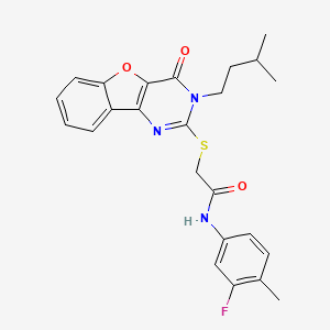 molecular formula C24H24FN3O3S B2786073 N-(3-fluoro-4-methylphenyl)-2-{[3-(3-methylbutyl)-4-oxo-3,4-dihydro[1]benzofuro[3,2-d]pyrimidin-2-yl]sulfanyl}acetamide CAS No. 900003-22-7