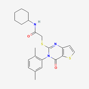 molecular formula C22H25N3O2S2 B2786177 N-cyclohexyl-2-{[3-(2,5-dimethylphenyl)-4-oxo-3,4-dihydrothieno[3,2-d]pyrimidin-2-yl]sulfanyl}acetamide CAS No. 1291835-00-1