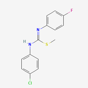 molecular formula C14H12ClFN2S B2786205 1-chloro-4-{[(Z)-(4-fluoroanilino)(methylsulfanyl)methylidene]amino}benzene CAS No. 400081-31-4