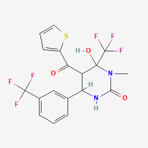 molecular formula C18H14F6N2O3S B2786225 6-Hydroxy-1-methyl-5-(thiophene-2-carbonyl)-6-(trifluoromethyl)-4-[3-(trifluoromethyl)phenyl]-1,3-diazinan-2-one CAS No. 484048-82-0