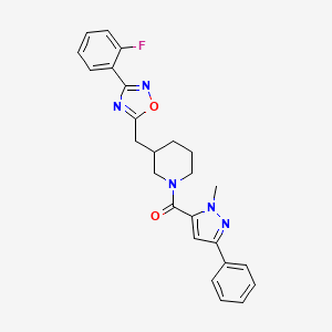 molecular formula C25H24FN5O2 B2786246 (3-((3-(2-fluorophenyl)-1,2,4-oxadiazol-5-yl)methyl)piperidin-1-yl)(1-methyl-3-phenyl-1H-pyrazol-5-yl)methanone CAS No. 1705771-30-7