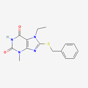 molecular formula C15H16N4O2S B2786290 8-(benzylsulfanyl)-7-ethyl-3-methyl-3,7-dihydro-1H-purine-2,6-dione CAS No. 303970-02-7