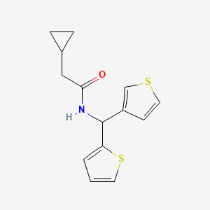 molecular formula C14H15NOS2 B2786300 2-cyclopropyl-N-(thiophen-2-yl(thiophen-3-yl)methyl)acetamide CAS No. 2034333-15-6