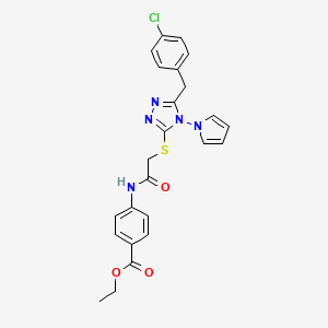 molecular formula C24H22ClN5O3S B2786358 ethyl 4-[({[5-(4-chlorobenzyl)-4-(1H-pyrrol-1-yl)-4H-1,2,4-triazol-3-yl]sulfanyl}acetyl)amino]benzoate CAS No. 886929-93-7