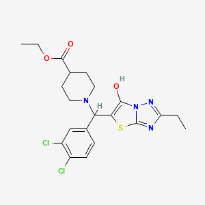 molecular formula C21H24Cl2N4O3S B2786376 Ethyl 1-((3,4-dichlorophenyl)(2-ethyl-6-hydroxythiazolo[3,2-b][1,2,4]triazol-5-yl)methyl)piperidine-4-carboxylate CAS No. 886907-43-3