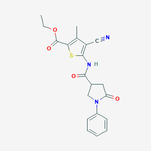 molecular formula C20H19N3O4S B278639 Ethyl 4-cyano-3-methyl-5-{[(5-oxo-1-phenylpyrrolidin-3-yl)carbonyl]amino}thiophene-2-carboxylate 