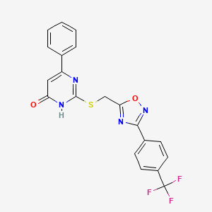 molecular formula C20H13F3N4O2S B2786413 6-Phenyl-2-(((3-(4-(trifluoromethyl)phenyl)-1,2,4-oxadiazol-5-yl)methyl)thio)pyrimidin-4-ol CAS No. 946236-22-2