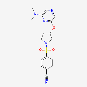molecular formula C17H19N5O3S B2786437 4-((3-((6-(Dimethylamino)pyrazin-2-yl)oxy)pyrrolidin-1-yl)sulfonyl)benzonitrile CAS No. 2034319-35-0
