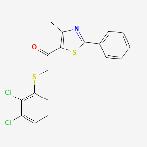 molecular formula C18H13Cl2NOS2 B2786439 2-[(2,3-Dichlorophenyl)sulfanyl]-1-(4-methyl-2-phenyl-1,3-thiazol-5-yl)-1-ethanone CAS No. 478047-40-4