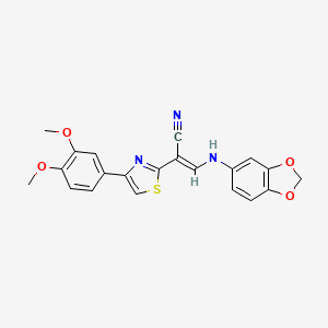 molecular formula C21H17N3O4S B2786445 (E)-3-(benzo[d][1,3]dioxol-5-ylamino)-2-(4-(3,4-dimethoxyphenyl)thiazol-2-yl)acrylonitrile CAS No. 378199-16-7