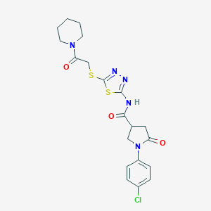 molecular formula C20H22ClN5O3S2 B278648 1-(4-chlorophenyl)-5-oxo-N-(5-{[2-oxo-2-(piperidin-1-yl)ethyl]sulfanyl}-1,3,4-thiadiazol-2-yl)pyrrolidine-3-carboxamide 