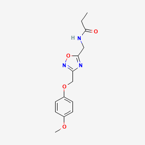 molecular formula C14H17N3O4 B2786550 N-((3-((4-methoxyphenoxy)methyl)-1,2,4-oxadiazol-5-yl)methyl)propionamide CAS No. 1226450-21-0