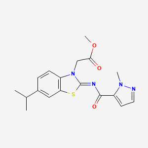 molecular formula C18H20N4O3S B2786554 (E)-methyl 2-(6-isopropyl-2-((1-methyl-1H-pyrazole-5-carbonyl)imino)benzo[d]thiazol-3(2H)-yl)acetate CAS No. 1173323-82-4