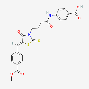 molecular formula C23H20N2O6S2 B2786563 (Z)-4-(4-(5-(4-(methoxycarbonyl)benzylidene)-4-oxo-2-thioxothiazolidin-3-yl)butanamido)benzoic acid CAS No. 681814-11-9
