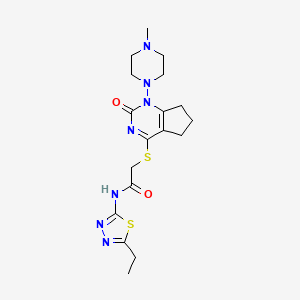 molecular formula C18H25N7O2S2 B2786607 N-(5-ethyl-1,3,4-thiadiazol-2-yl)-2-((1-(4-methylpiperazin-1-yl)-2-oxo-2,5,6,7-tetrahydro-1H-cyclopenta[d]pyrimidin-4-yl)thio)acetamide CAS No. 920223-05-8