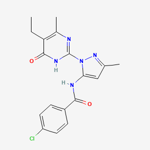 molecular formula C18H18ClN5O2 B2786647 4-chloro-N-(1-(5-ethyl-4-methyl-6-oxo-1,6-dihydropyrimidin-2-yl)-3-methyl-1H-pyrazol-5-yl)benzamide CAS No. 1001943-53-8