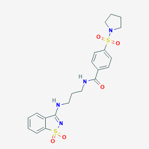 N-[3-[(1,1-dioxo-1,2-benzothiazol-3-yl)amino]propyl]-4-pyrrolidin-1-ylsulfonylbenzamide