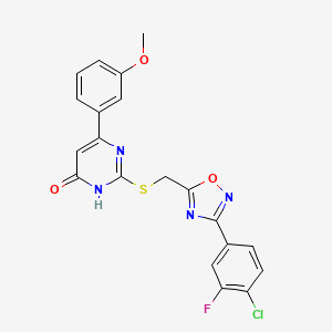 molecular formula C20H14ClFN4O3S B2786672 2-({[3-(4-Chloro-3-fluorophenyl)-1,2,4-oxadiazol-5-yl]methyl}sulfanyl)-6-(3-methoxyphenyl)-4-pyrimidinol CAS No. 1226445-71-1