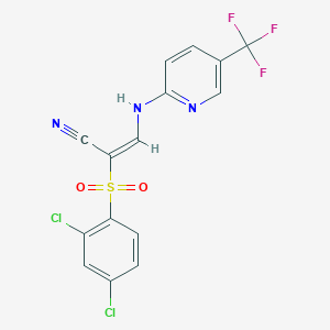 molecular formula C15H8Cl2F3N3O2S B2786713 (E)-2-(2,4-dichlorophenyl)sulfonyl-3-[[5-(trifluoromethyl)pyridin-2-yl]amino]prop-2-enenitrile CAS No. 1025208-17-6