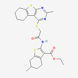 molecular formula C25H29N3O3S3 B2786716 Ethyl 6-methyl-2-[[2-[(2-methyl-5,6,7,8-tetrahydro-[1]benzothiolo[2,3-d]pyrimidin-4-yl)sulfanyl]acetyl]amino]-4,5,6,7-tetrahydro-1-benzothiophene-3-carboxylate CAS No. 670270-25-4