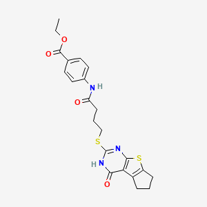 molecular formula C22H23N3O4S2 B2786789 ethyl 4-({4-[(4-hydroxy-6,7-dihydro-5H-cyclopenta[4,5]thieno[2,3-d]pyrimidin-2-yl)sulfanyl]butanoyl}amino)benzoate CAS No. 496028-91-2