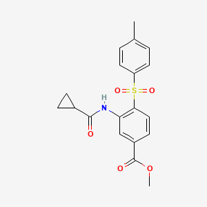 molecular formula C19H19NO5S B2786798 Methyl 3-[(cyclopropylcarbonyl)amino]-4-[(4-methylphenyl)sulfonyl]benzenecarboxylate CAS No. 477858-88-1