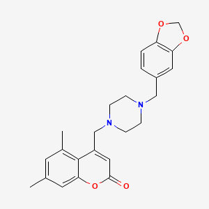 molecular formula C24H26N2O4 B2786838 4-((4-(benzo[d][1,3]dioxol-5-ylmethyl)piperazin-1-yl)methyl)-5,7-dimethyl-2H-chromen-2-one CAS No. 877788-97-1