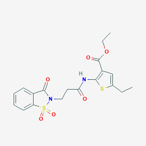 molecular formula C19H20N2O6S2 B278684 ethyl 2-{[3-(1,1-dioxido-3-oxo-1,2-benzisothiazol-2(3H)-yl)propanoyl]amino}-5-ethyl-3-thiophenecarboxylate 