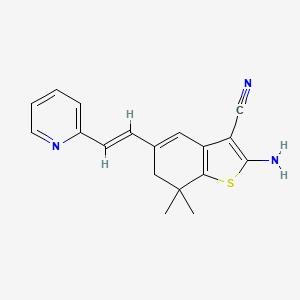 molecular formula C18H17N3S B2786845 2-Amino-7,7-dimethyl-5-(2-pyridin-2-yl-vinyl)-6,7-dihydro-benzo[b]thiophene-3-carbonitrile CAS No. 571153-17-8