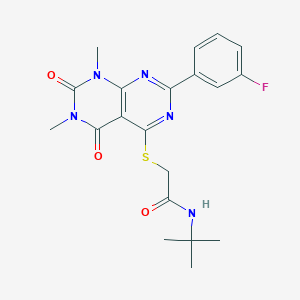 molecular formula C20H22FN5O3S B2786870 N-(tert-butyl)-2-((2-(3-fluorophenyl)-6,8-dimethyl-5,7-dioxo-5,6,7,8-tetrahydropyrimido[4,5-d]pyrimidin-4-yl)thio)acetamide CAS No. 893917-81-2