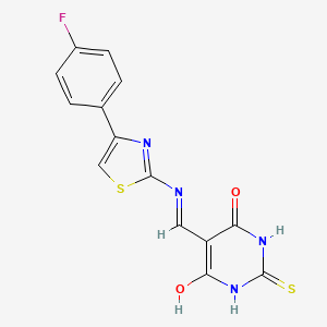 molecular formula C14H9FN4O2S2 B2786881 5-(((4-(4-fluorophenyl)thiazol-2-yl)amino)methylene)-2-thioxodihydropyrimidine-4,6(1H,5H)-dione CAS No. 1021229-65-1