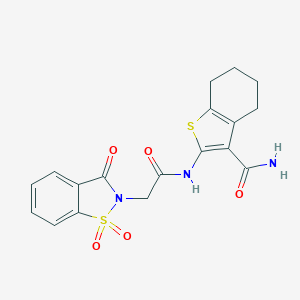 molecular formula C18H17N3O5S2 B278696 2-{[(1,1-dioxido-3-oxo-1,2-benzisothiazol-2(3H)-yl)acetyl]amino}-4,5,6,7-tetrahydro-1-benzothiophene-3-carboxamide 