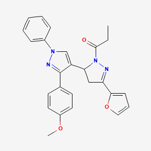 molecular formula C26H24N4O3 B2787073 1-(5-(furan-2-yl)-3'-(4-methoxyphenyl)-1'-phenyl-3,4-dihydro-1'H,2H-[3,4'-bipyrazol]-2-yl)propan-1-one CAS No. 1020478-20-9