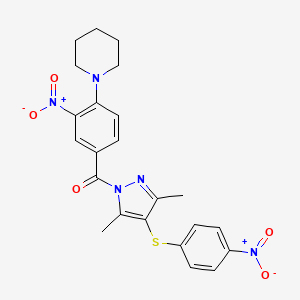 molecular formula C23H23N5O5S B2787094 1-[4-({3,5-dimethyl-4-[(4-nitrophenyl)thio]-1H-pyrazol-1-yl}carbonyl)-2-nitrophenyl]piperidine CAS No. 304645-45-2