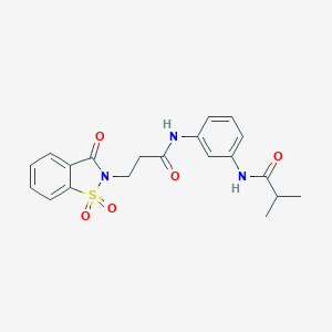 molecular formula C20H21N3O5S B278715 N-(3-{[3-(1,1-dioxido-3-oxo-1,2-benzisothiazol-2(3H)-yl)propanoyl]amino}phenyl)-2-methylpropanamide 