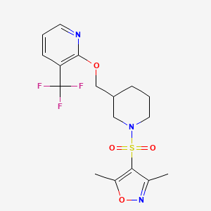 molecular formula C17H20F3N3O4S B2787210 3,5-Dimethyl-4-[3-[[3-(trifluoromethyl)pyridin-2-yl]oxymethyl]piperidin-1-yl]sulfonyl-1,2-oxazole CAS No. 2380058-73-9