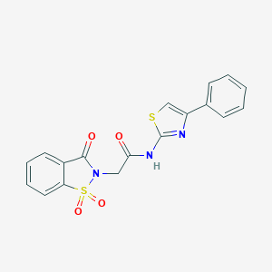 molecular formula C18H13N3O4S2 B278731 2-(1,1-dioxido-3-oxo-1,2-benzothiazol-2(3H)-yl)-N-(4-phenyl-1,3-thiazol-2-yl)acetamide 