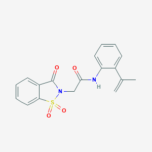 molecular formula C18H16N2O4S B278732 2-(1,1-dioxido-3-oxo-1,2-benzisothiazol-2(3H)-yl)-N-(2-isopropenylphenyl)acetamide 
