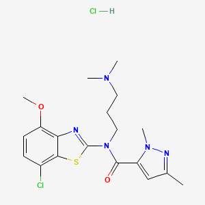 molecular formula C19H25Cl2N5O2S B2787359 N-(7-chloro-4-methoxybenzo[d]thiazol-2-yl)-N-(3-(dimethylamino)propyl)-1,3-dimethyl-1H-pyrazole-5-carboxamide hydrochloride CAS No. 1216438-98-0