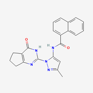 molecular formula C22H19N5O2 B2787411 N-(3-methyl-1-(4-oxo-4,5,6,7-tetrahydro-3H-cyclopenta[d]pyrimidin-2-yl)-1H-pyrazol-5-yl)-1-naphthamide CAS No. 1002482-14-5