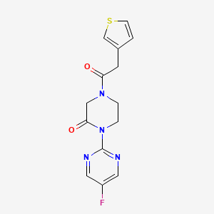 molecular formula C14H13FN4O2S B2787477 1-(5-Fluoropyrimidin-2-yl)-4-(2-(thiophen-3-yl)acetyl)piperazin-2-one CAS No. 2310125-81-4